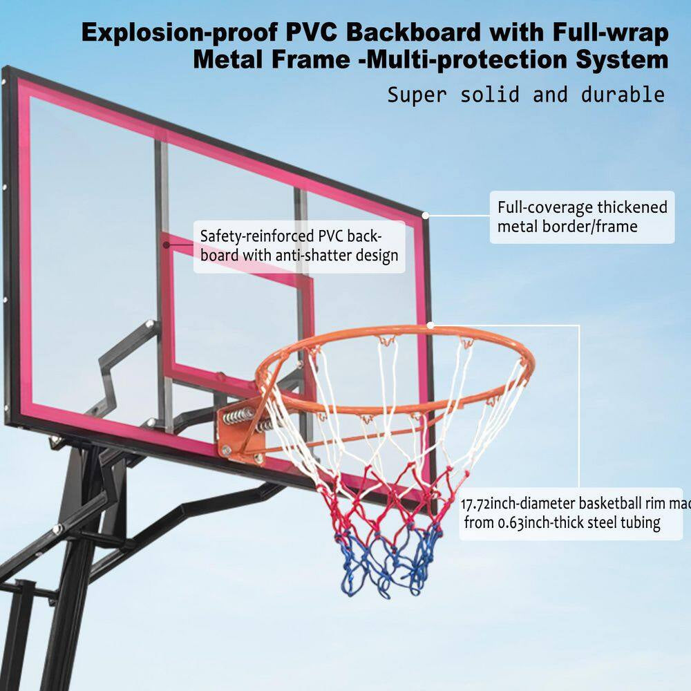 8-10 Ft. Adjustable Height Portable Basketball Hoop Basketball System with Red Backboard, Basketball Hoop and Wheels