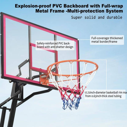 8-10 Ft. Adjustable Height Portable Basketball Hoop Basketball System with Red Backboard, Basketball Hoop and Wheels