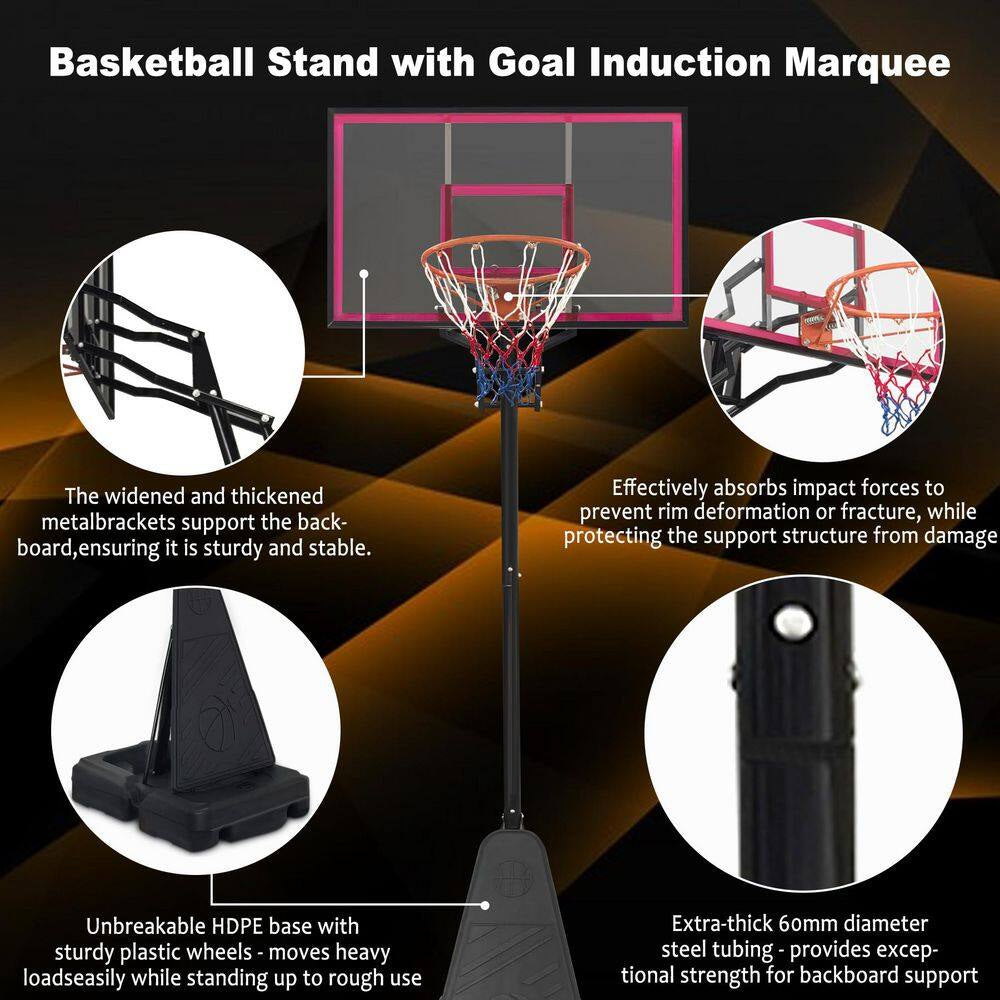 8-10 Ft. Adjustable Height Portable Basketball Hoop Basketball System with Red Backboard, Basketball Hoop and Wheels