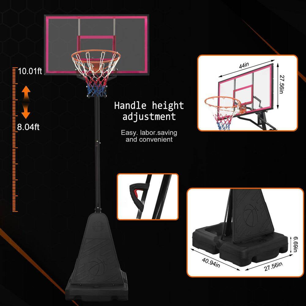 8-10 Ft. Adjustable Height Portable Basketball Hoop Basketball System with Red Backboard, Basketball Hoop and Wheels