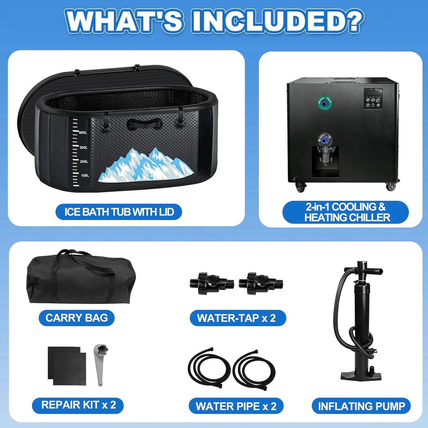 Cold Plunge Tub, 248 Gallon, 1 Horsepower, Heavy-Duty Ice Bath Tub for Athletes with Hot & Cold, Portable Inflatable Plunge Chiller with Water Treatment Kit, Immersion Therapy, Wifi (Black, 1 Set)