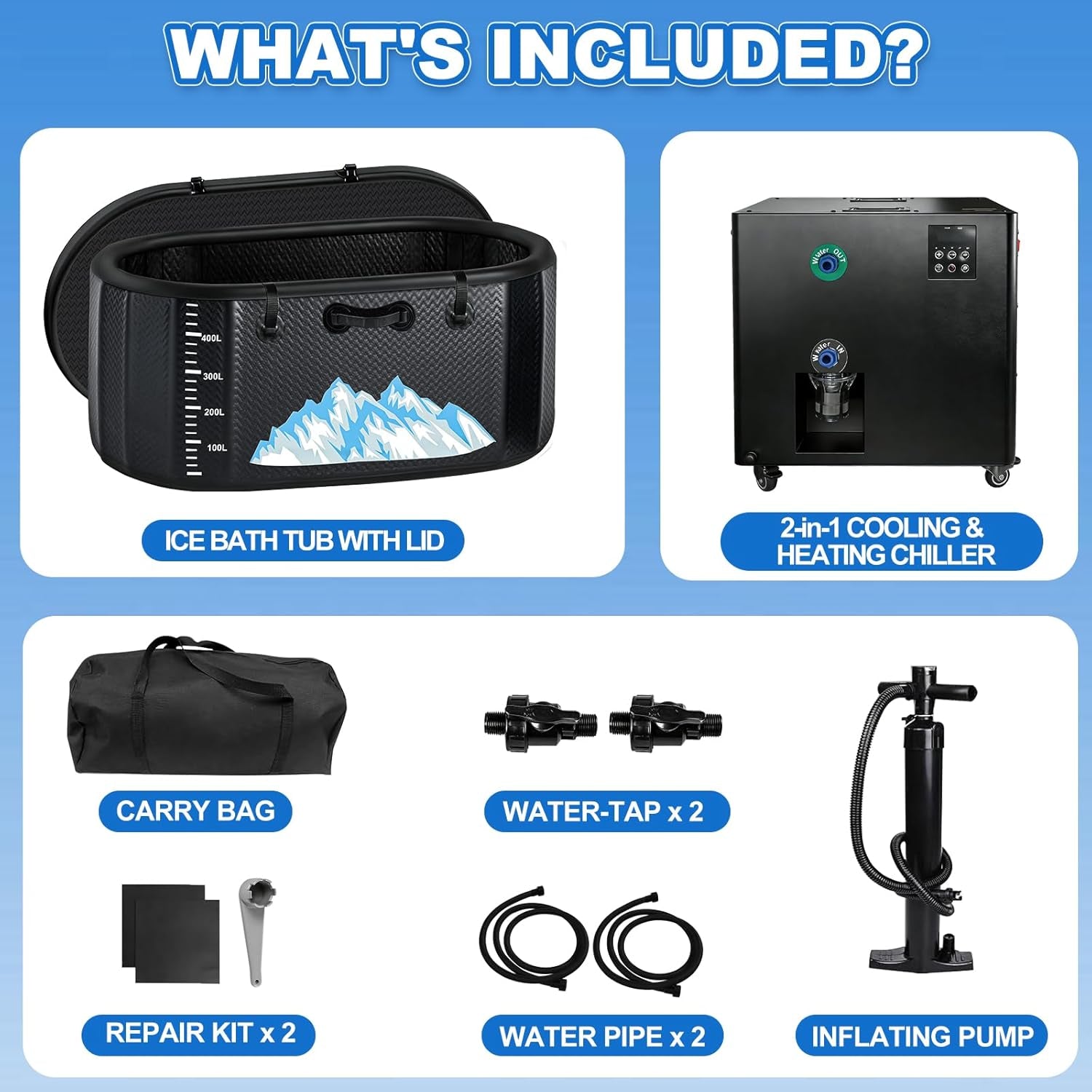 Cold Plunge Tub, 248 Gallon, 1 Horsepower, Heavy-Duty Ice Bath Tub for Athletes with Hot & Cold, Portable Inflatable Plunge Chiller with Water Treatment Kit, Immersion Therapy, Wifi (Black, 1 Set)