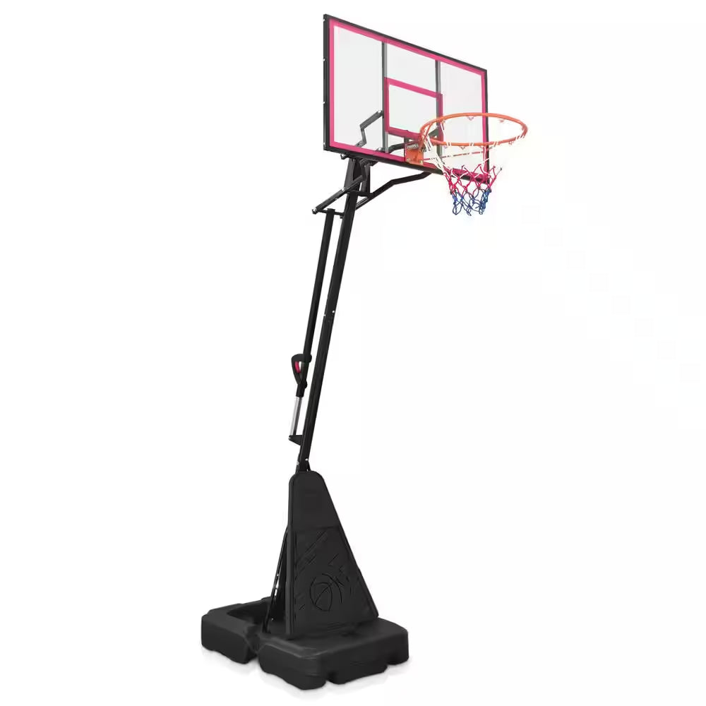 8-10 Ft. Adjustable Height Portable Basketball Hoop Basketball System with Red Backboard, Basketball Hoop and Wheels