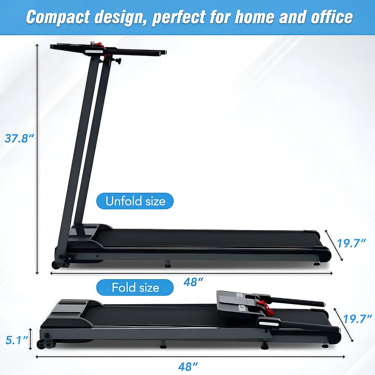 Folding Treadmills Walking Pad for Home Office, 2.5HP Treadmill with Incline Bluetooth Speaker 7.5MPH 265LBS Capacity Treadmill for Running